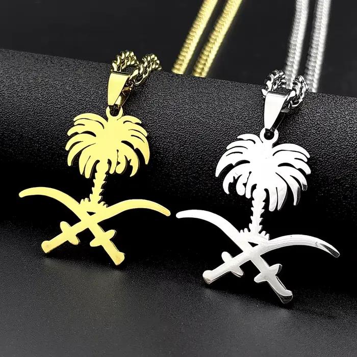 Collier pendentif emblème national d'Arabie Saoudite, palmier et épée croisée Ali, en acier inoxydable couleur or, bijoux arabes islamiques