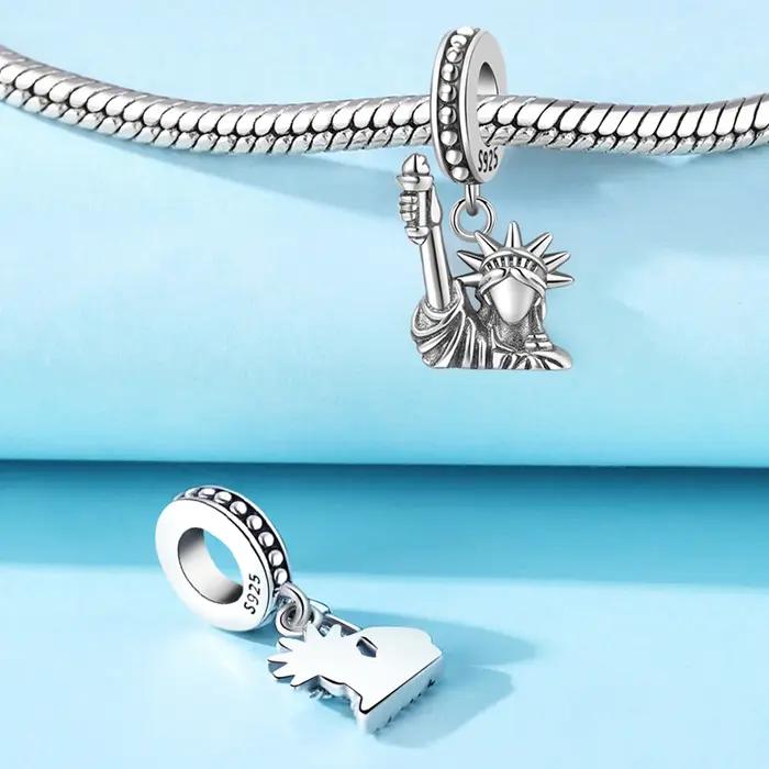 Original S925 argent Sterling coeur symbole chanceux Statue de la liberté pendentif perles idéal pour Bracelet collier bricolage cadeaux de fête bijoux