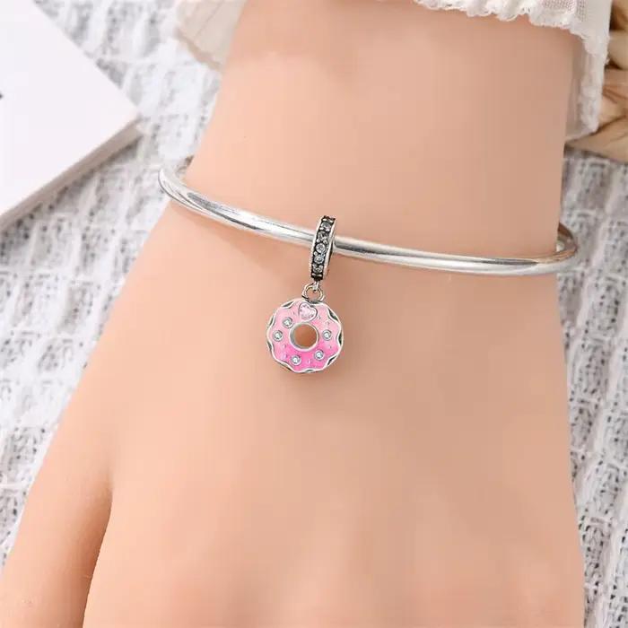 Breloques en argent sterling 925 en forme de donut rose avec zircon, perles pendantes compatibles avec bracelet original de 3 mm, bijoux DIY pour femme, cadeau d'anniversaire ou de fête