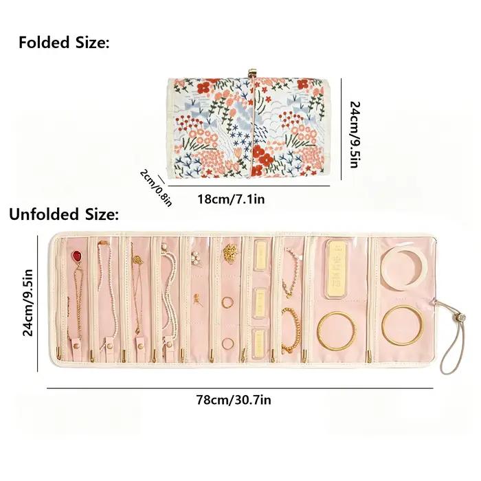 Organisateur de bijoux enroulable brodé de fleurs rouges, rouleau de voyage anti-emmêlement pour colliers, bracelets, bagues et boucles d'oreilles