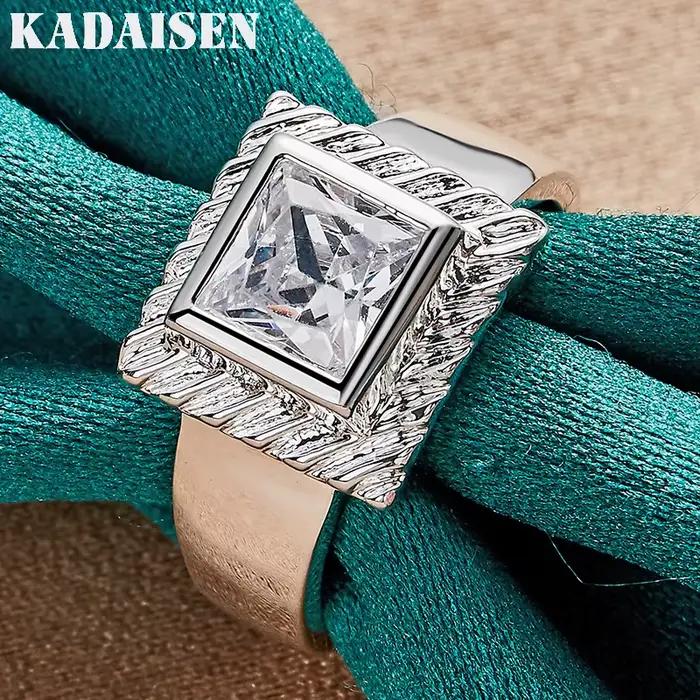 Zircon carré en argent sterling 925 7-10 # Bague pour femme