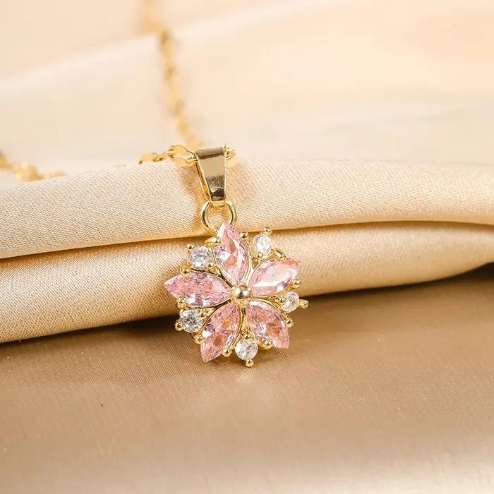 Colliers avec pendentif Sakura rose romantique en acier inoxydable pour femmes