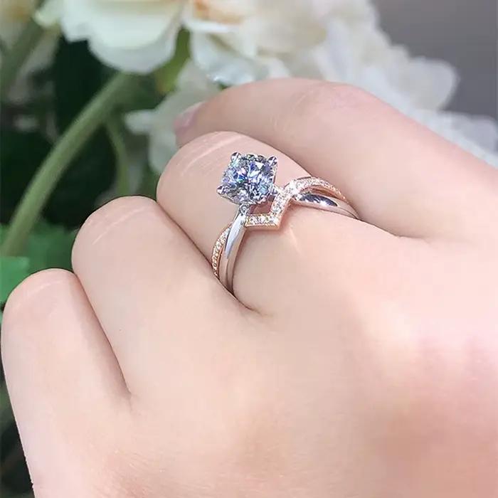 Bague ajustable en argent sterling 925 plaqué or rose avec diamant simulé de 1 carat