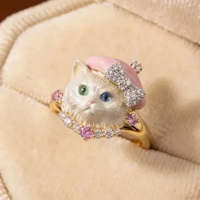 Bague Mignonne et Adorable en Forme de Nœud Papillon, Chaton Rose en Émail, Animaux de Dessin Animé,