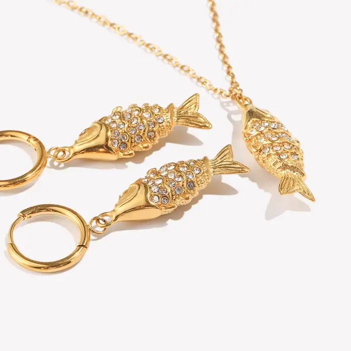 E.B.belle strass Koi poisson collier boucle d'oreille ensemble de bijoux en acier inoxydable mignon mode Animal charme étanche plaqué or 18 carats