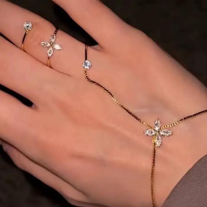 Bracelet-bague intégré en zircon avec pampilles, style floral, bijou de mode féminin, décoration de