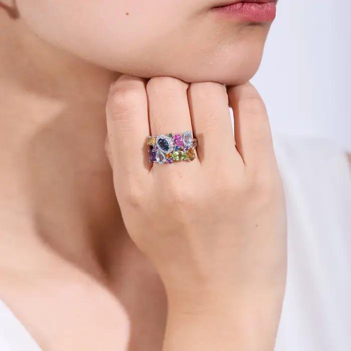 Bague de cocktail en argent sterling 925 sertie de topaze et pierres naturelles multicolores pour femmes occasions spéciales