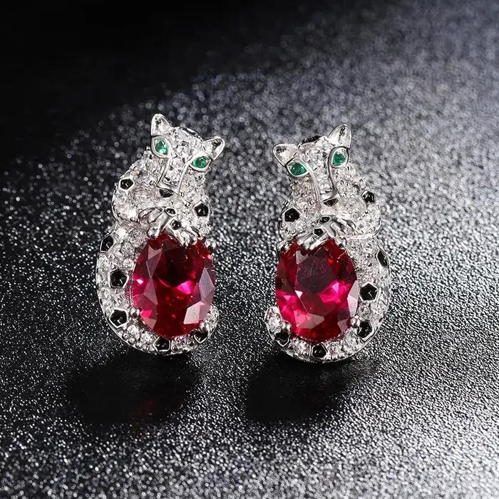 Boucles d'oreilles léopard tachetées en argent zirconium rouge bleu vert pour mariage soirée cérémonie occasions spéciales ANGLANG