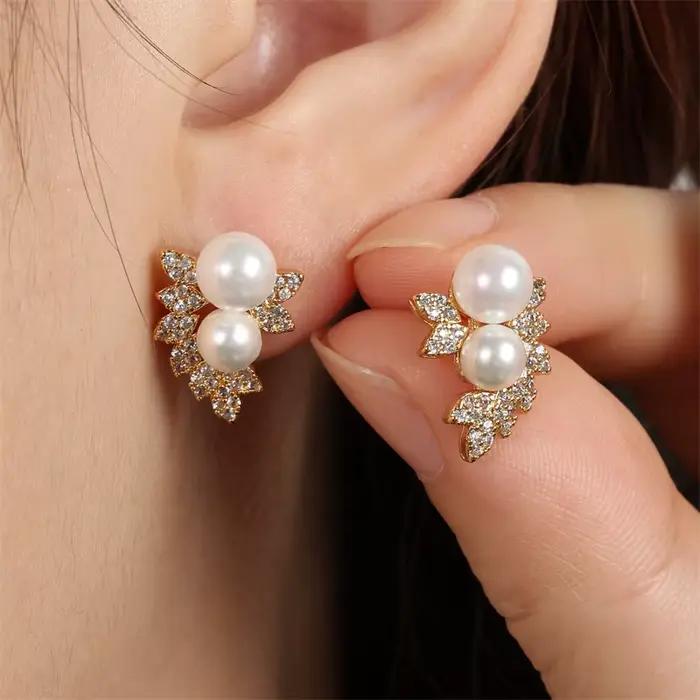 UILZ exquise Imitation perle boucles d'oreilles pour les femmes de luxe en forme de feuille zircone couleur or boucle d'oreille bijoux de fête de mariage