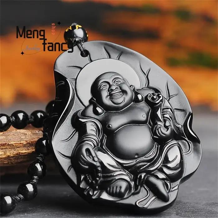 Pendentif bouddha en obsidienne naturelle Ruyi Maitreya, bijoux exquis de haute qualité, amulettes b