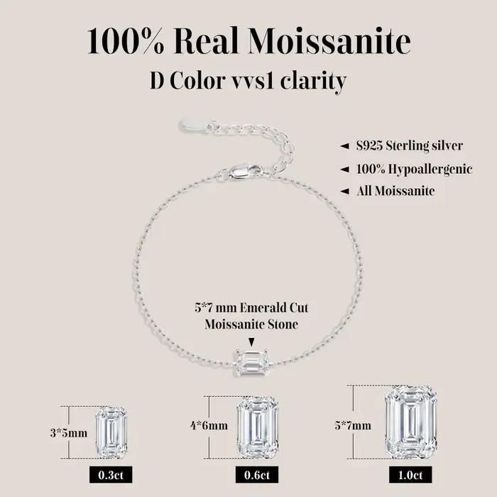 ATTAGEMS Bracelet en moissanite taille émeraude 1 carat