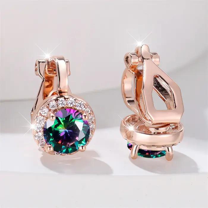 Boucles d'oreilles à Clip en pierre ronde en cristal arc-en-ciel mystique pour femmes, couleur or Ro