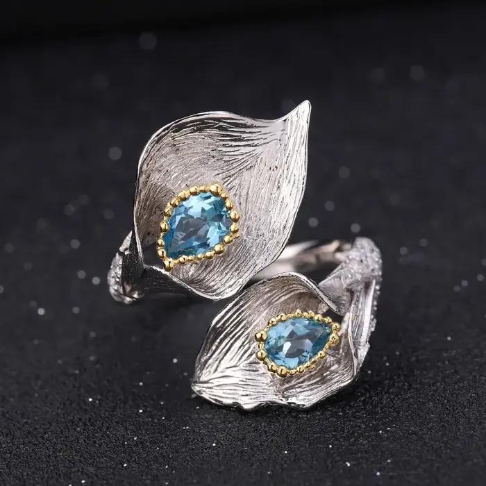 Bague ajustable en topaze bleue suisse naturelle avec zirconium pour femmes occasions spéciales vintage chic