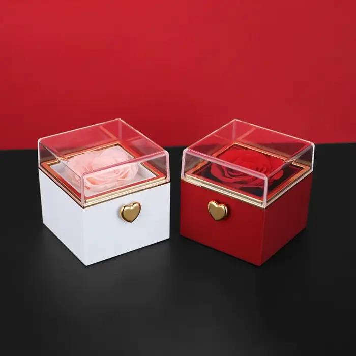 Boîte à bijoux rotative pour rose éternelle, présentoir de bague de fiançailles, boîtes à bagues de luxe, rangement de colliers, présentoir à bijoux