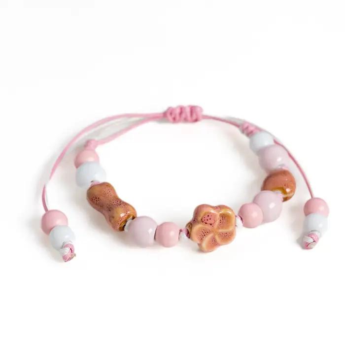 Bracelet à fleurs en céramique rose pour filles, bijoux mignons réglables faits à la main avec ton doux