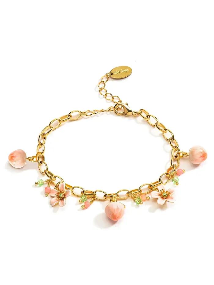 JUICY GRAPE-Bracelet Pêche pour Femme, Bijoux Originaux, Doux et Mignon, Fruit Pêche et Fleur de Pêcher, Style Français, Été