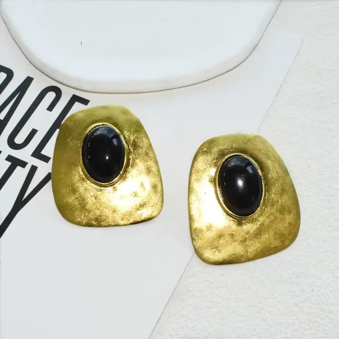 Boucles d'oreilles pendantes géométriques vintage en alliage métallique avec pierre noire pour femme