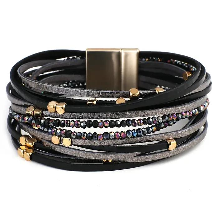 ALLYES Champagne Bracelets en cuir véritable pour femmes Boho multicouche métal charme résine perles