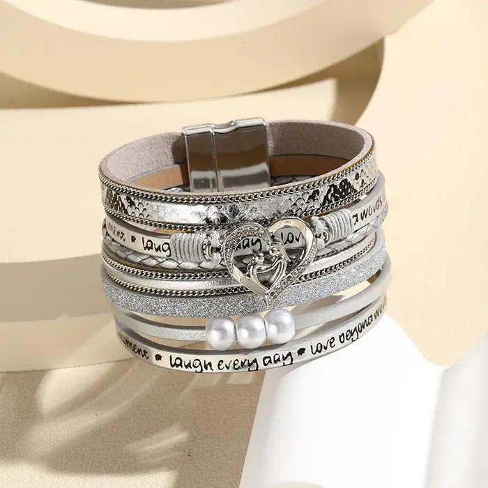 Bracelet en cuir multicouche Vintage en perles de cœur pour femmes et hommes