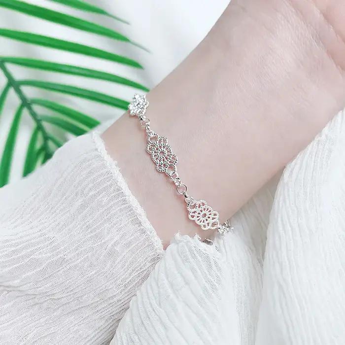 Bracelet en argent sterling 925 dentelle élégant pour femmes motifs géométriques fine bijou occasions spéciales