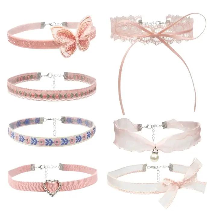 Tour de cou en dentelle avec papillons floraux pour femmes romantiques, colliers ras du cou, style mignon, soirée, mariage, cosplay, lolita, ajustable