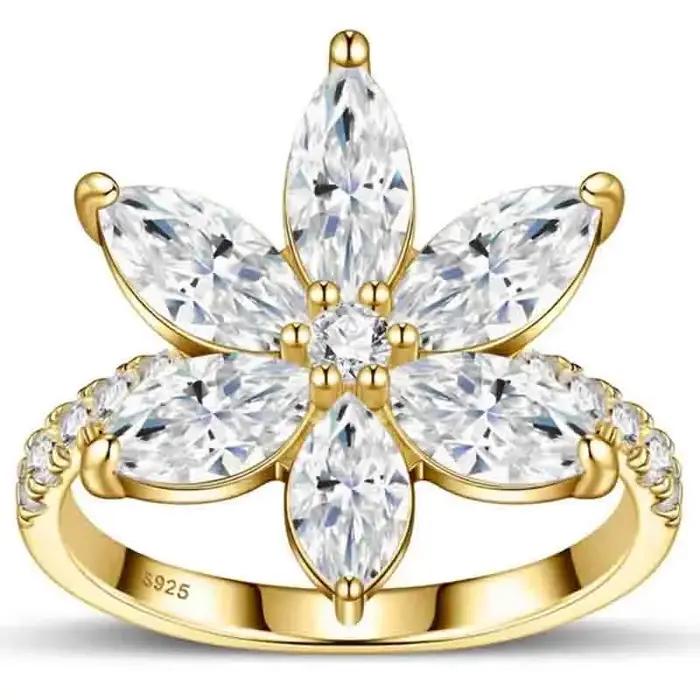 WUIHA Bague Fleur en Argent Sterling 925 avec Moissanite Véritable GRA Couleur D Taille Marquise 4 * 8 MM pour Mariage