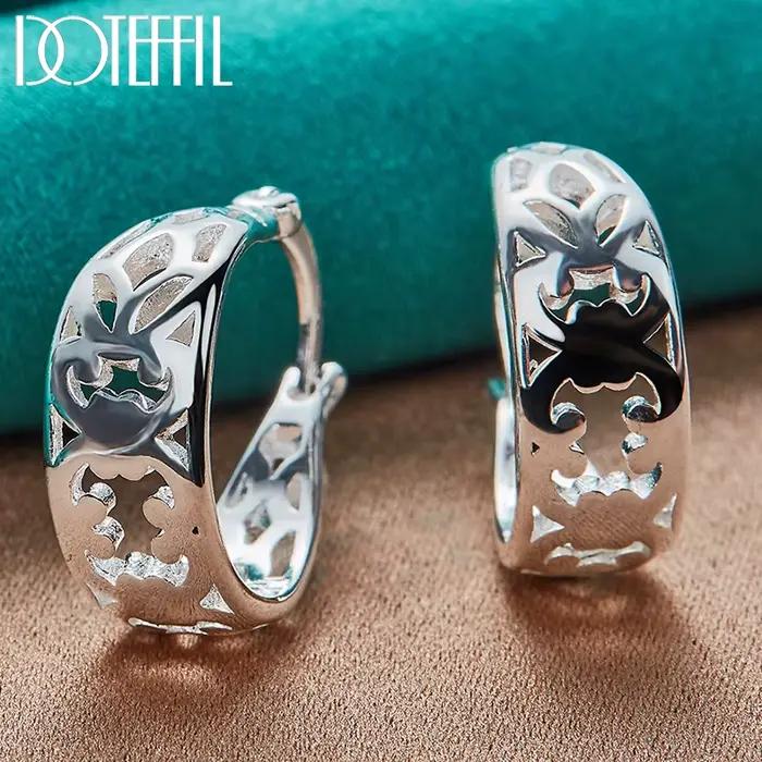DOTEFFIL 925 en argent Sterling géométrique creux cerceau boucle d'oreille pour femme charme fête de fiançailles fête de mariage bijoux cadeau