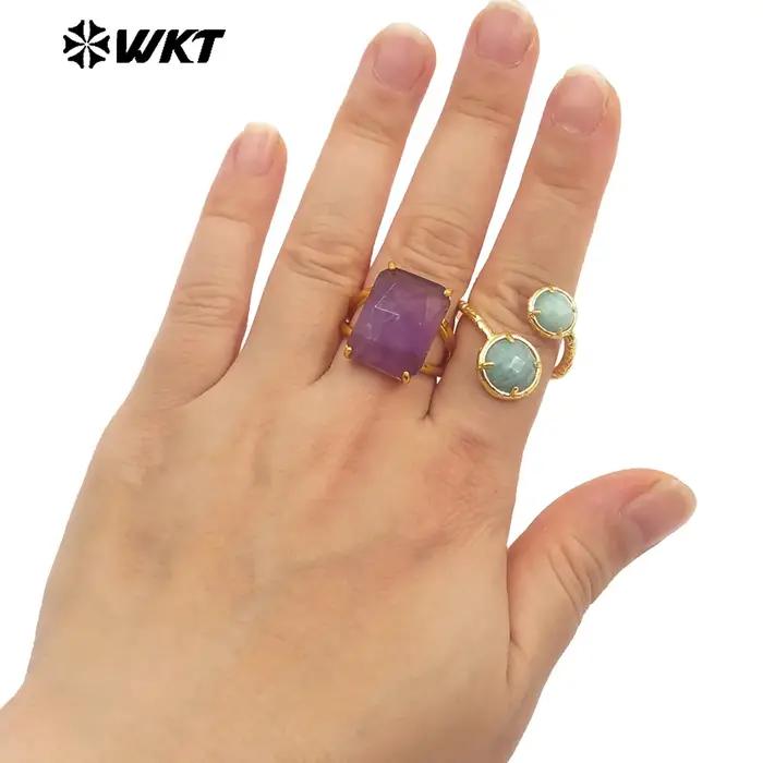 Bague carrée réglable en pierres précieuses naturelles