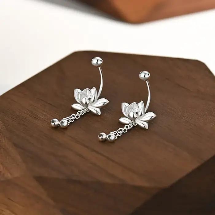 YILUOCD 925 en argent Sterling fleur de Lotu boucles d'oreilles Vintage gland