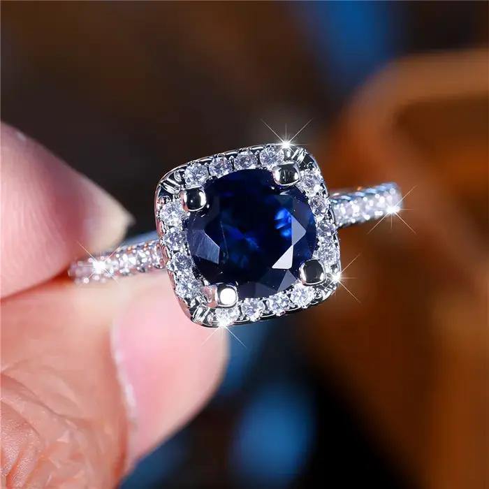 Bague de luxe en pierre de Zircon ronde bleue pour femme