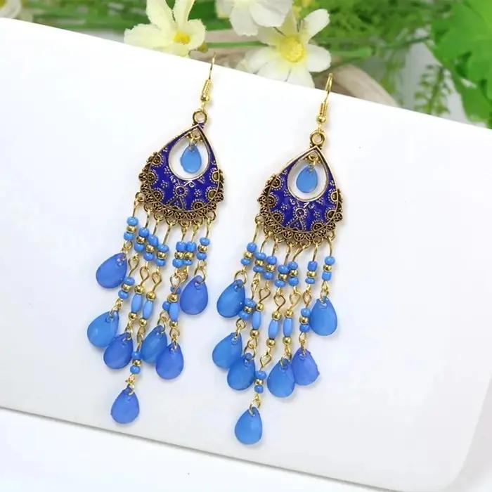 Boucles d'Oreilles Goutte d'Eau Bleu Royal, sulf, Ethniques, Vintage, Strass, Clip, Boho, Bijoux, Ca