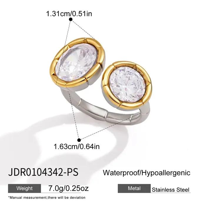 Bague ouverte en acier inoxydable plaquée or 18 carats avec double zircon ajustable pour femmes élégante pour occasions spéciales bijou tendance cadeau pour elle