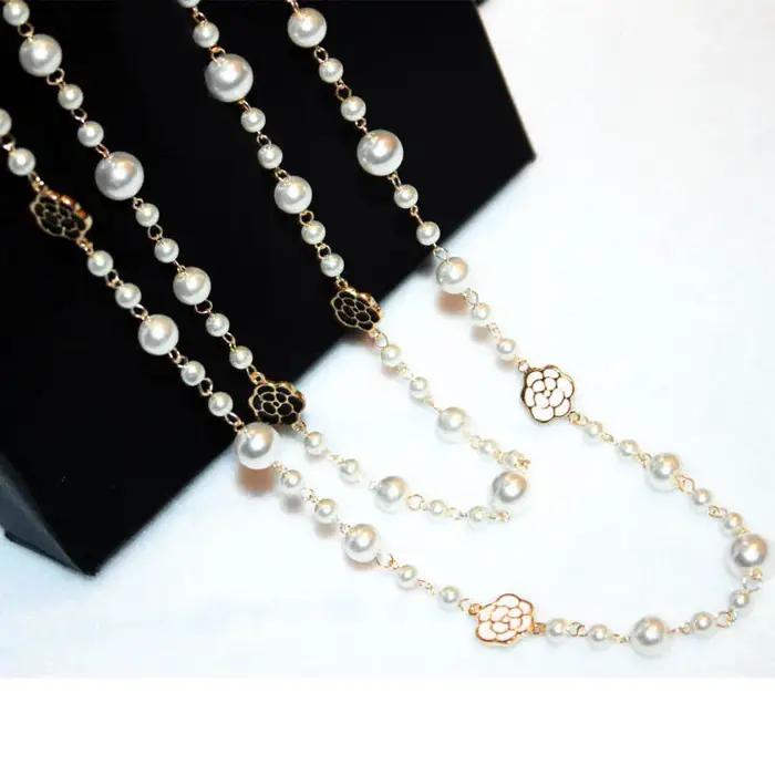 Long collier de perles simulées pour femmes fleur Double couche collane lunghe donna camélia maxi