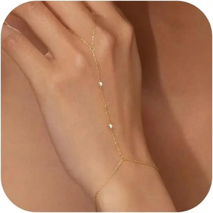 Femmes à la mode 14K plaqué or véritable délicat CZ main chaîne Bracelets bijoux anneau Bracelet cor