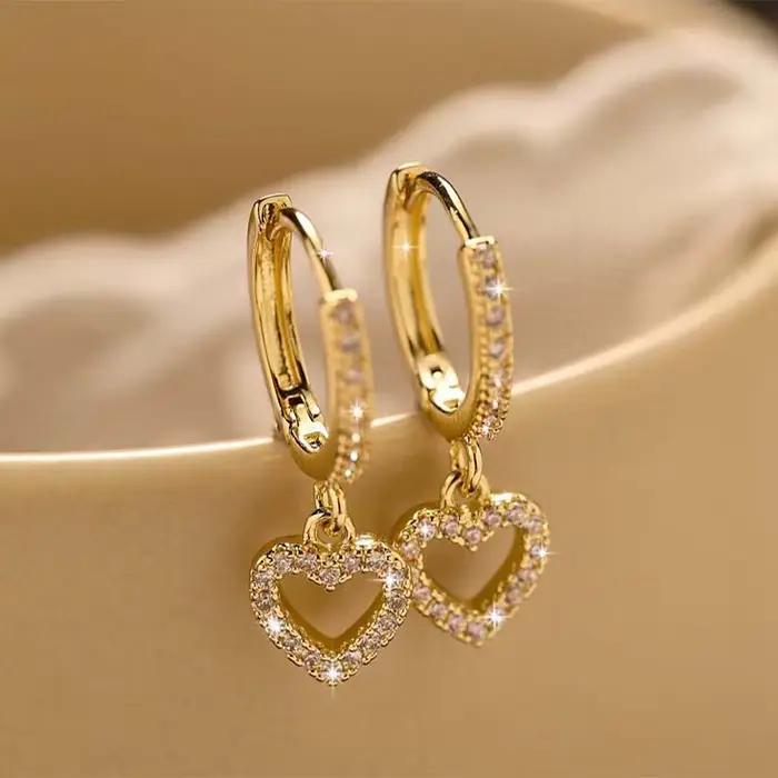 Boucles d'oreilles de luxe en cristal et Zircon pour femmes, pendentif en forme de cœur, couleur or,