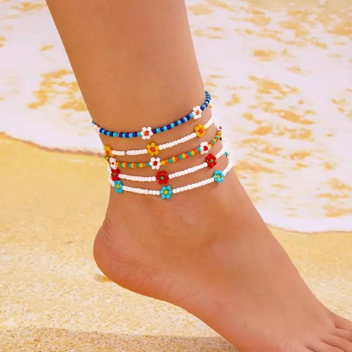 Bohème coloré graine perle fleurs cheville Bracelet pour femmes ethnique mignon fleur charme cheville Bracelet sur la jambe plage fête pied bijoux
