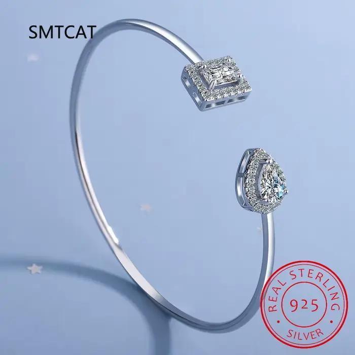 Bracelet ouvert ajustable en argent sterling 925 avec moissanite taille radiant et diamant goutte d'eau pour femme, idéal pour mariage