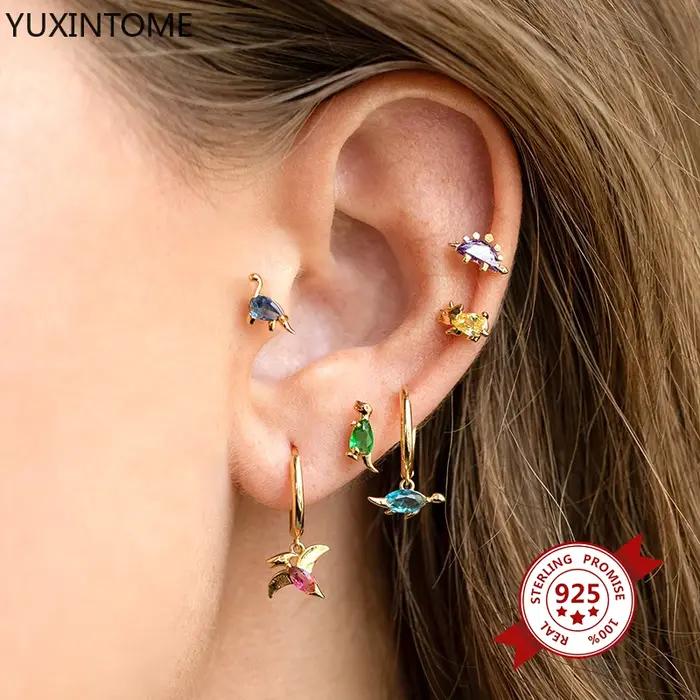 Boucles d'oreilles dinosaures en argent sterling 925 serties de zirconium blanc minimalistes et colorées pour femmes occasions spéciales