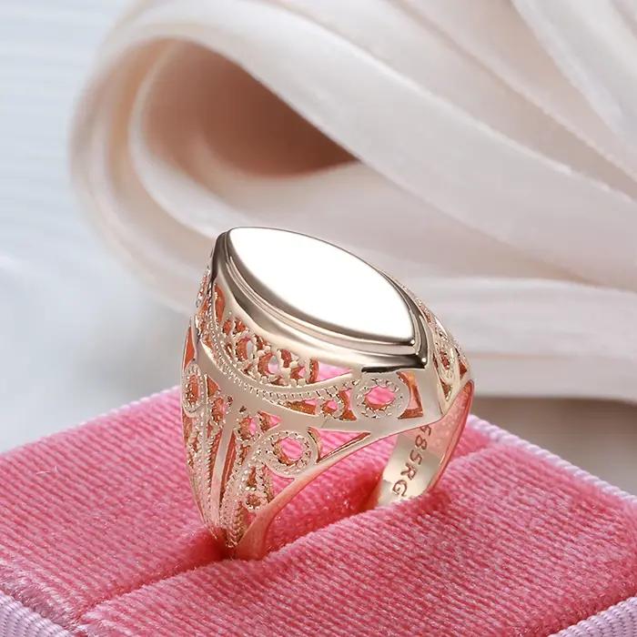 Kinel nouveau Design 585 or Rose brillant anneaux cadeau de noël mode losange fleur creuse femmes bijoux ethnique bague de mariage