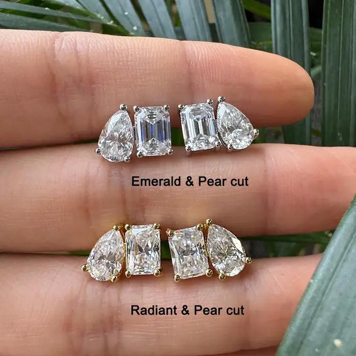 Boucles d'oreilles clous en moissanite à deux pierres (radiant et poire) 4cttw pour femme