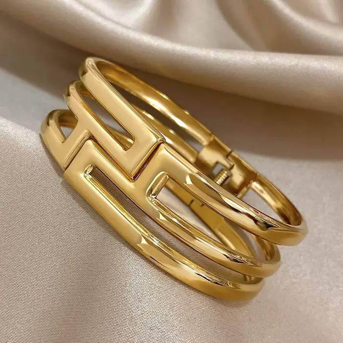 Greatera – Bracelet métallique à ouverture en métal lourd pour hommes, deux tons ajourés, géométrie Chic, haute qualité, bijoux pour femmes, cadeau, nouveau