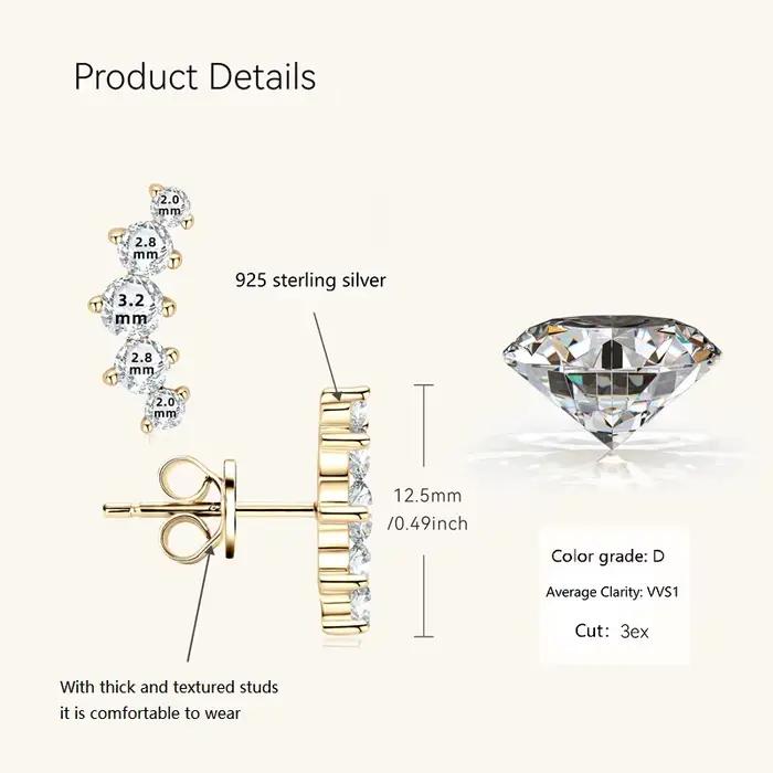 IOGOU D couleur Moissanite bijoux plaqué or jaune boucles d'oreilles sur chenilles pour femmes 925 argent