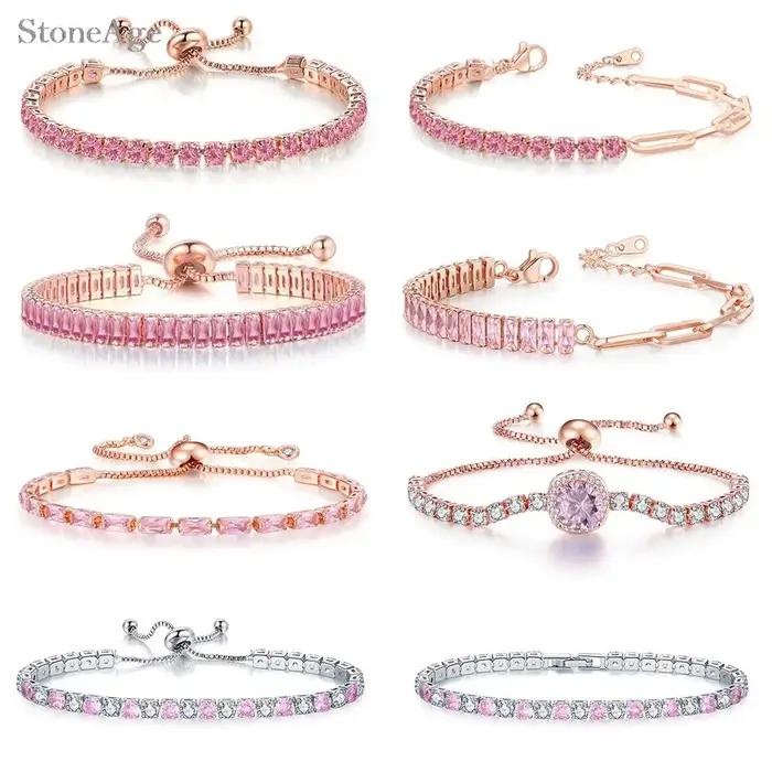 Bracelet de Tennis en Cristal Rose pour Femmes Style Mode Zircone Brillante Occasions Spéciales