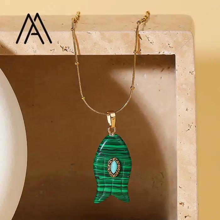 Collier en forme de poisson améthyste naturelle Malachite pendentif colliers bohème Mini