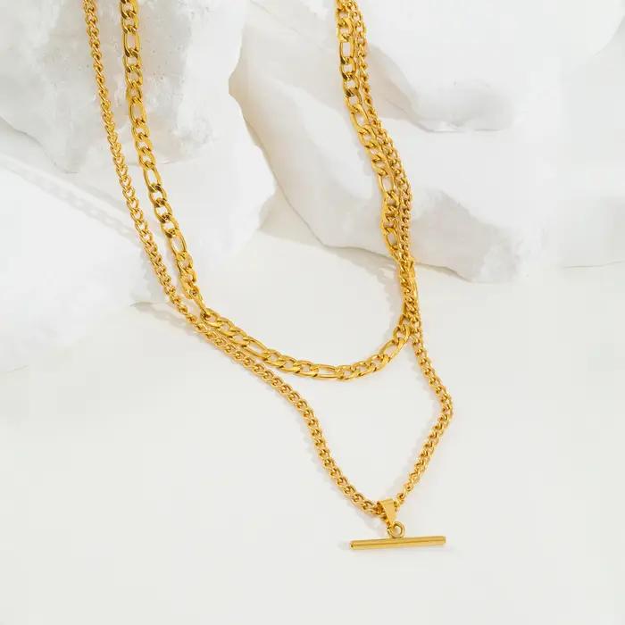 Collier superposé pour femme minimaliste empilable - Plaqué or 18 carats en acier inoxydable hypoallergénique élégant double chaîne bijoux