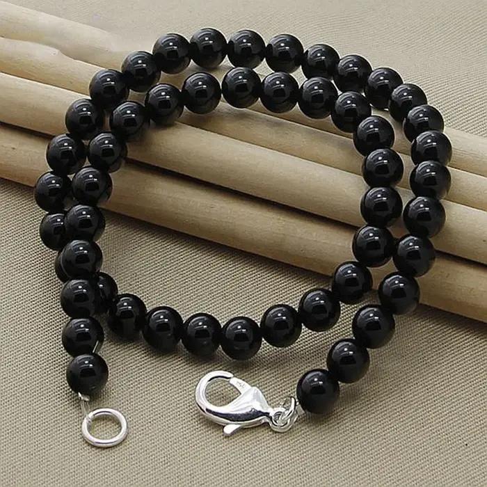 Collier unisexe en perles noires et agate avec fermoir mousqueton, longueur réglable 45 cm, pendenti