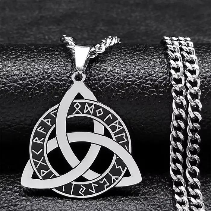 Collier pendentif en acier inoxydable avec runes Futhark vikings nordiques, symbole de nœud celtique