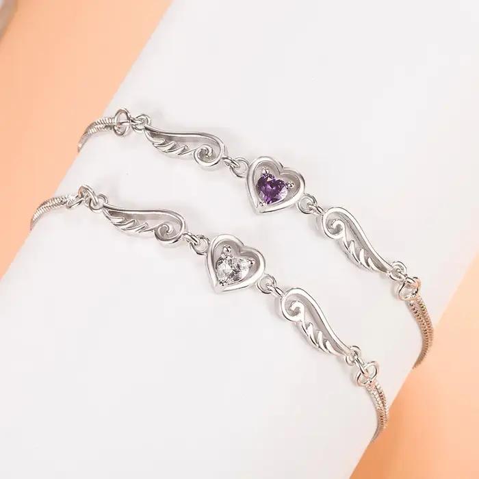 Bracelet en argent Sterling 925 avec cœur d'amour et ailes d'ange en Zircon pour femmes