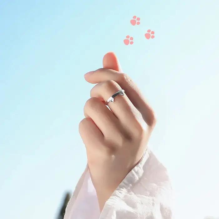 Mignon chat oreilles anneau ouverture concepteur chats patte embrasser étroitement bagues pour femmes filles à la mode