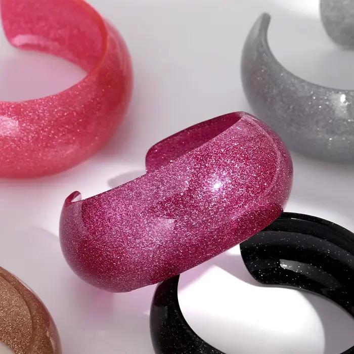 Bracelet à manchette large en acrylique à paillettes colorées pour femmes, rétro, rond en résine, ouvert, à la mode, empilable, bijoux cadeaux